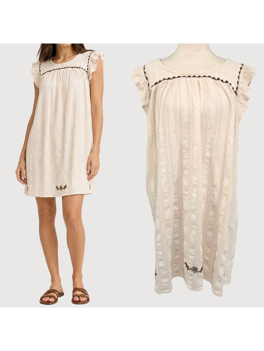 Pink Chicken Cream Cotton Embroidered Ruffle Mini Dress L
